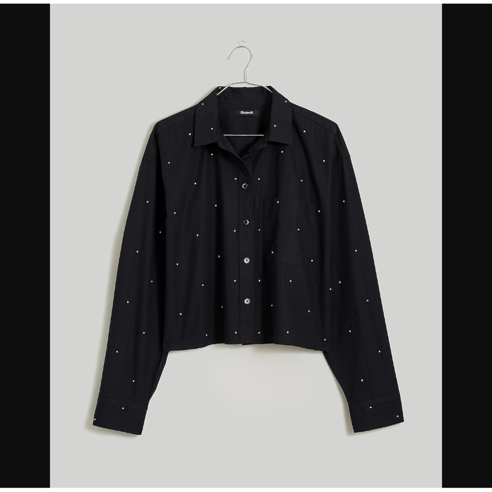 Madewell NEW NWT Womens 2XS Poplin Embellished Cropped Button-Up Shirt Black